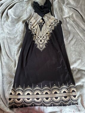 One-Shoulder Black Dress with Cream Geometric Print